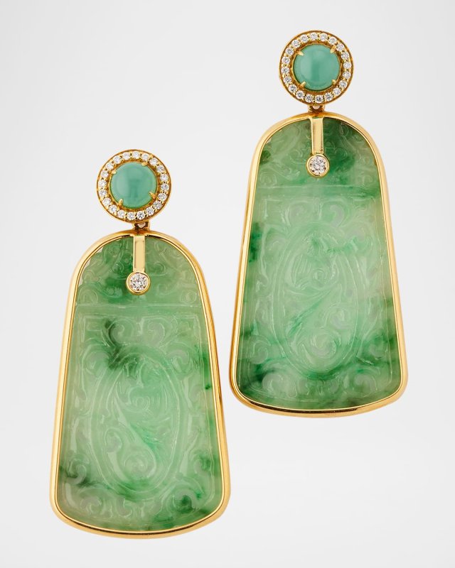 G-One 18K Yellow Gold Chrysoprase Earrings with Diamonds and Carved Jade